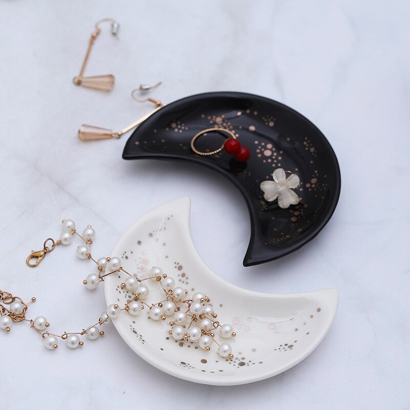 Ceramic Moon Shape Small Jewelry Dish Earrings Necklace Ring Storage Plates Fruit Dessert Display Bowl Decoration Tray