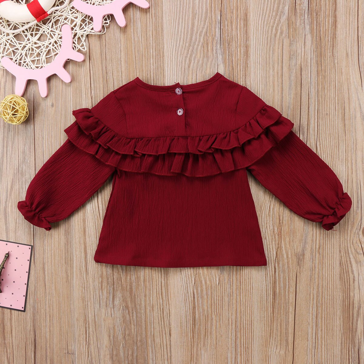 Summer Long Sleeve Ruffles Baby Blouses Newborn Girls Dark Red Shirt Tops Blouse Clothes Shirt Solid Color