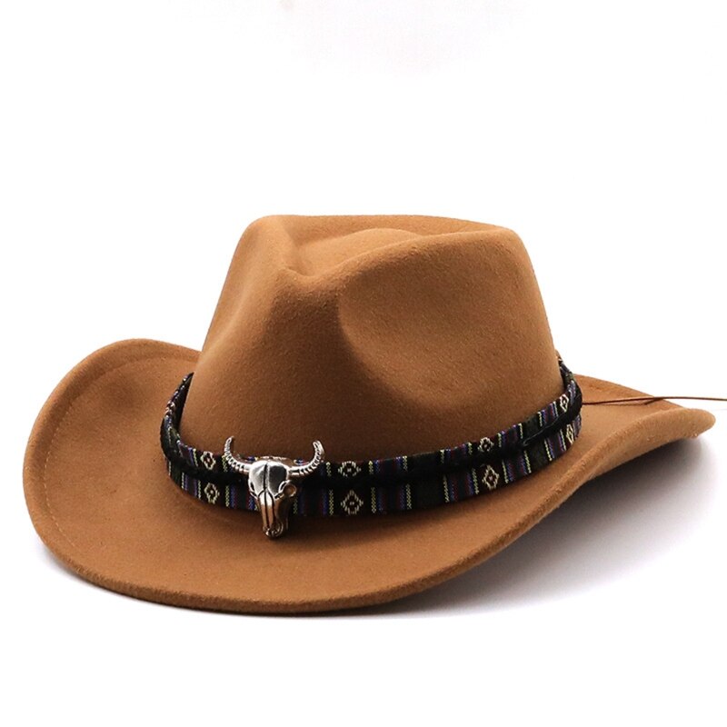 Retro Cow Head Western Cowboy Hat Big Brim Hat Cashmere Jazz Top Hat Cap for Hipster Trend Casual Outdoor Trend Sun Hat: Khaki
