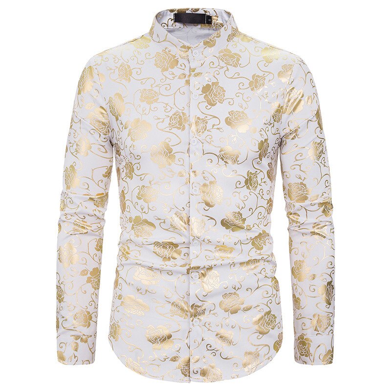 Ståkrage långärmade smokingskjortor för män bronzing printing klänning skjorta fullängdsärm toppar storlek s -2xl: Vit / Xl