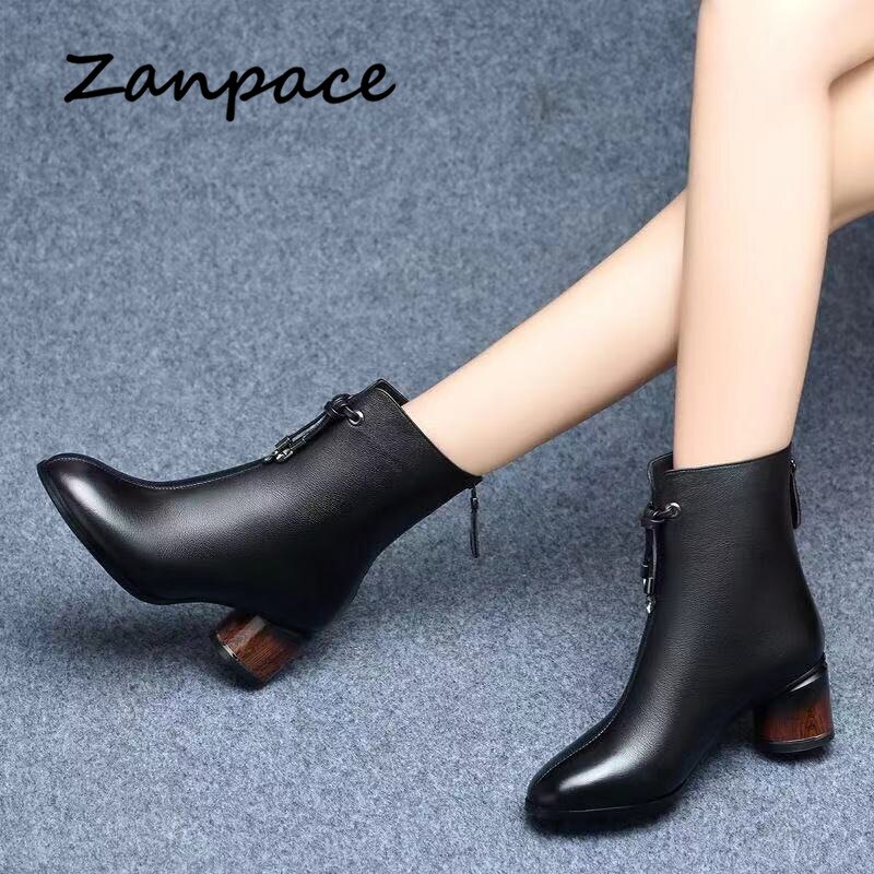 ZANPACE Leder frauen Hohe Stiefel Winter Schwarz Samt Dicke Warme frauen Schuhe Dicken Med Ferse Stiefeletten Frauen der Stiefel Größe 40