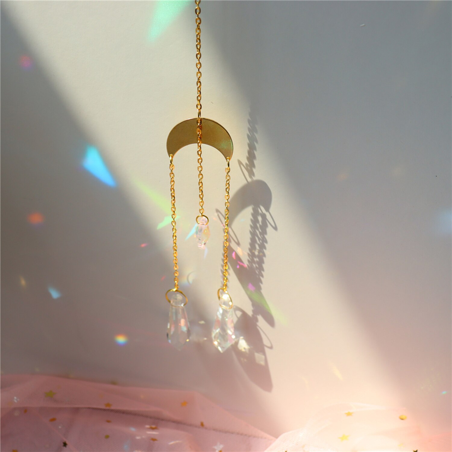 01-12 Suncatcher Crystal Rainbow Wind Chime Pendant Moon Hanging Ornament Crystal&amp;Copper Window Decor Home Garden Patio Decor: 07-29CM