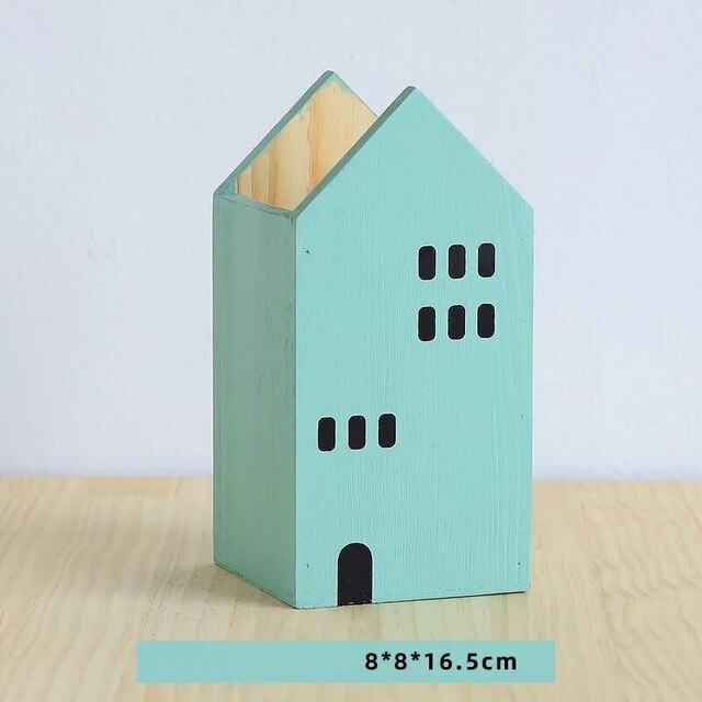 Hus form træ blyant penneholder desktop organizer opbevaringsboks container pensel pot papirvarer skole kontor tilbehør: Stor grøn