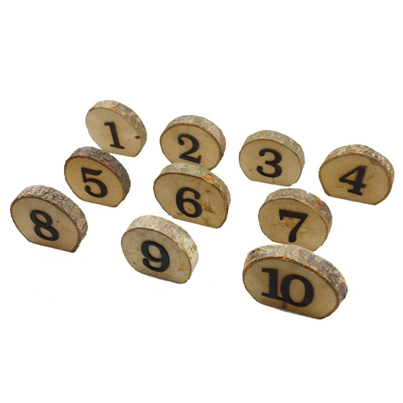 10Pcs 1-10 Rustic Wedding Table Numbers Round Wooden Log Slice Tree Bark Ornament Seat Digtal Card Banquet Party Decor