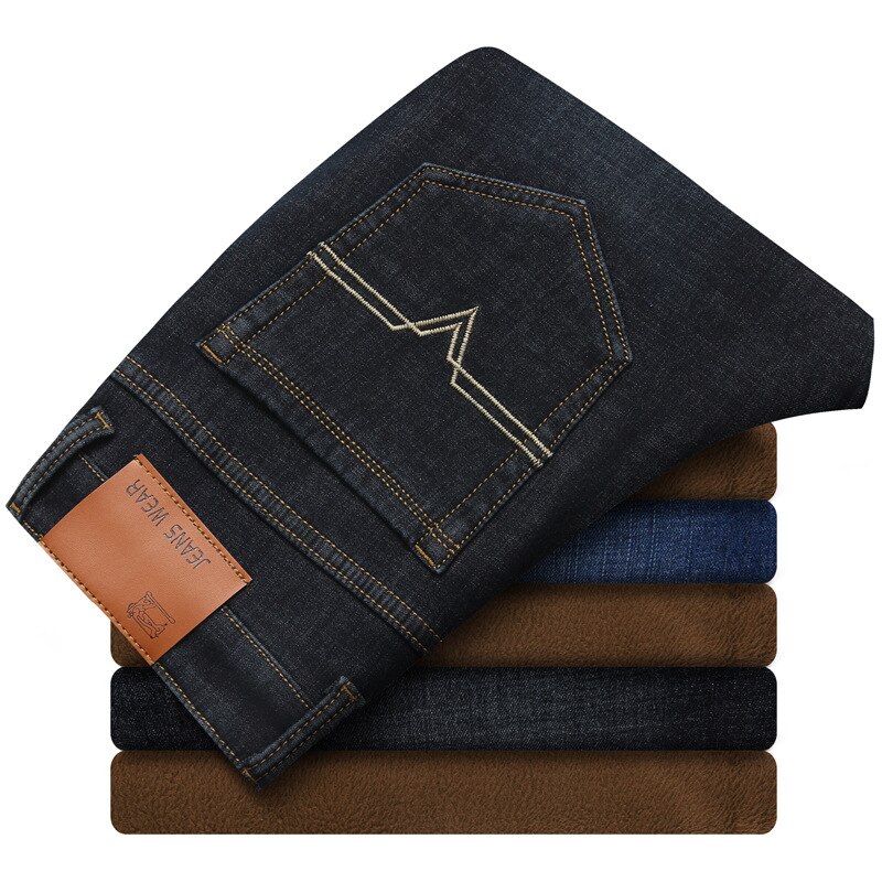 Mænd vinterjeans mænd sort/blå slim fit stretch tykke fløjlsbukser varme jeans afslappede fleecebukser herre plus str.: Sort / 38