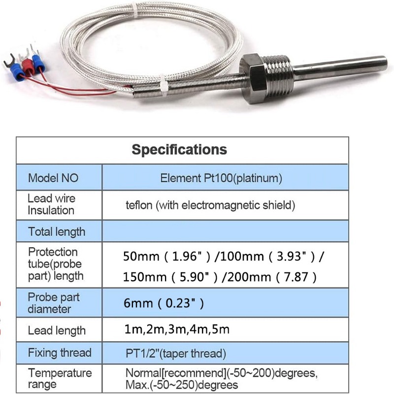 PT100 Temperature Sensor Probe 3 Wire Temperature Controller -200~250℃ Waterproof and Antirust 304 Stainless Steel Thermocouple