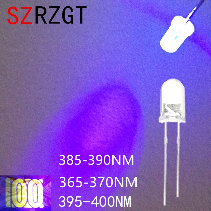 100Pcs 3Mm 5 Mm Licht Uv Paars Strohoed Groothoek Ultraviolet 395nm 385nm 365nm Transparante 5 Mm light-Emitting Diode Led Lamp