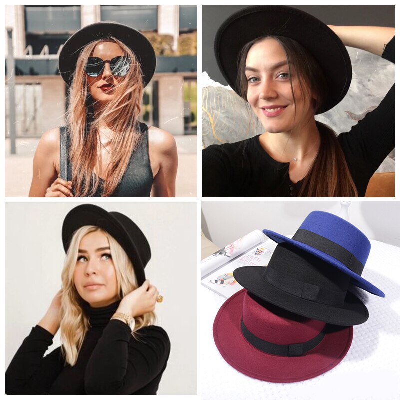 Chapeau Fedoras en laine pour femme, classique, couleur unie, en feutre, à bord plat, Jazz, seau, hiver, printemps et été
