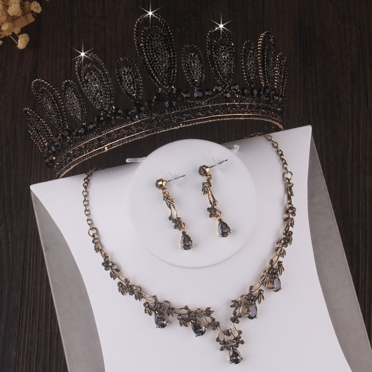 Barokke Vintage Gold Black Crystal Bruids Sieraden Sets Strass Kroon Tiara Ketting Oorbel Bruiloft Afrikaanse Kralen Sieraden Set