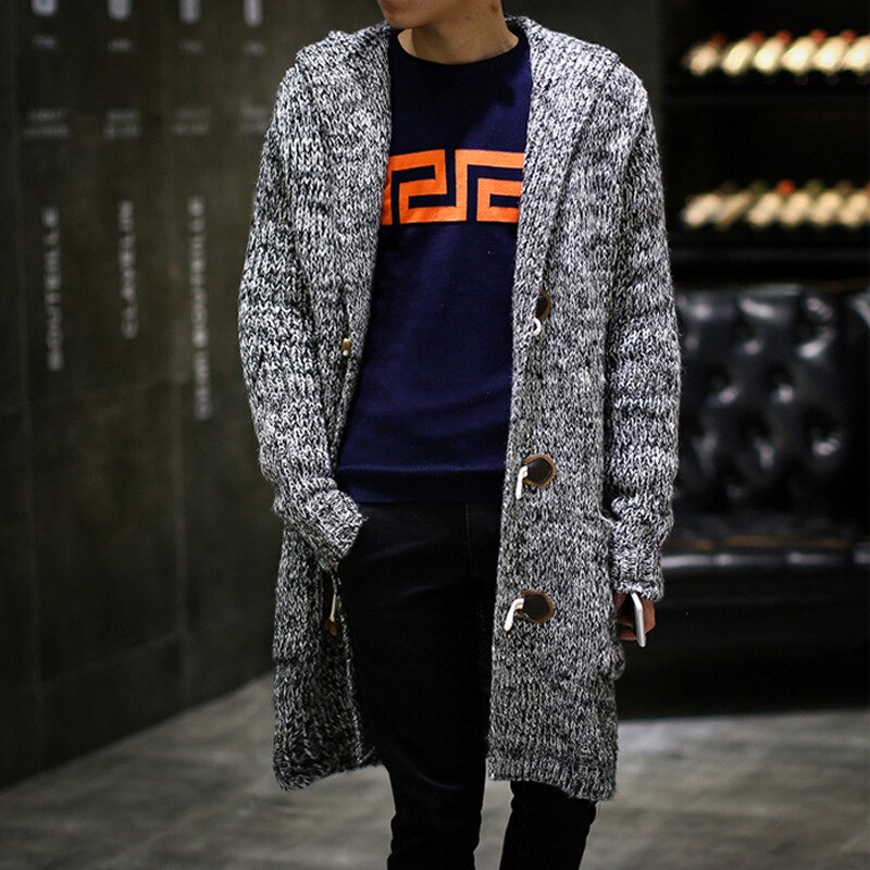 Male Long Sweaters Men Solid Cardigan Sweaters Long Casual Knit Coat Men's Cardigan Hooded Sweaters