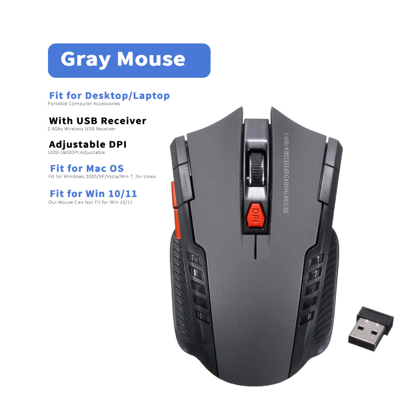 Bezprzewodowa mysz 2,4 GHz Myszy optyczne z odbiornikiem USB Gamer 1600 DPI 6 przycisków Mysz do komputera Akcesoria do laptopów Mysz dla graczy: SZARY