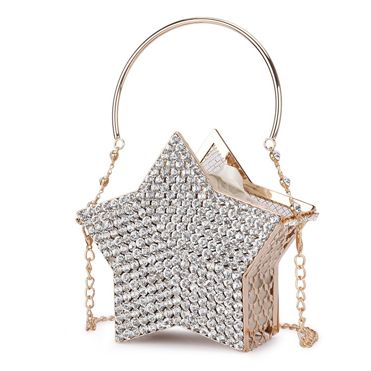 Luxury Diamond Silver Star Evening Clutch Bag For Women Hollow Out Small Metal Cage Ladies Chain Purses And Handbags: Apricot