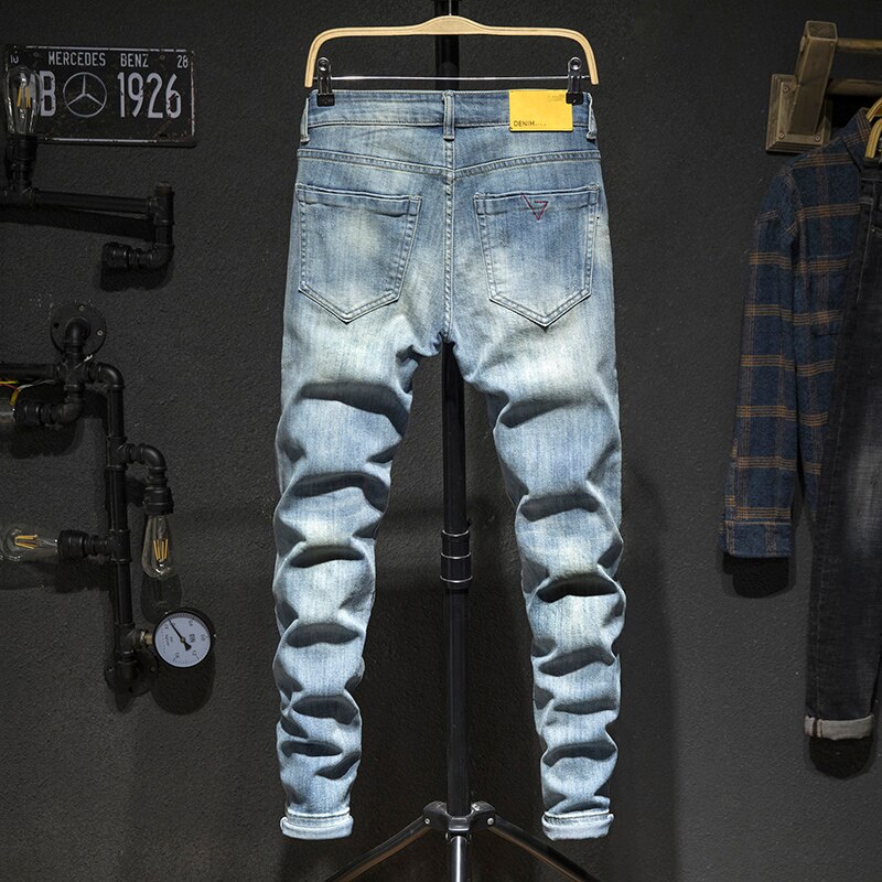 Ripped Jeans For Men Slim Fit Retro Blue Stretch Streetwear Hip Hop Patchwork Jeans Torn Men&#39;s Motorcycle Pants Male Biker Jeans