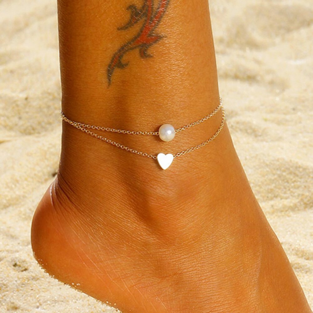 Für Frauen Einfache Herz Weibliche Fußkettchen Sommer Strand Barfuß Sandalen Fuß Schmuck Perle Layered Bein Kette Ankle Braclets