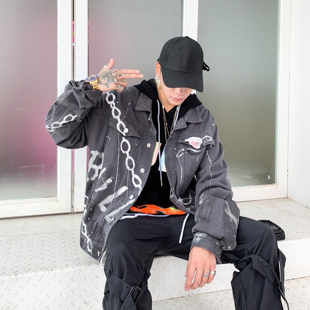 Graffiti print grå denim jakker streetwear hiphop casual punk rock jeans jakker frakker outwear hipster toppe  wq174