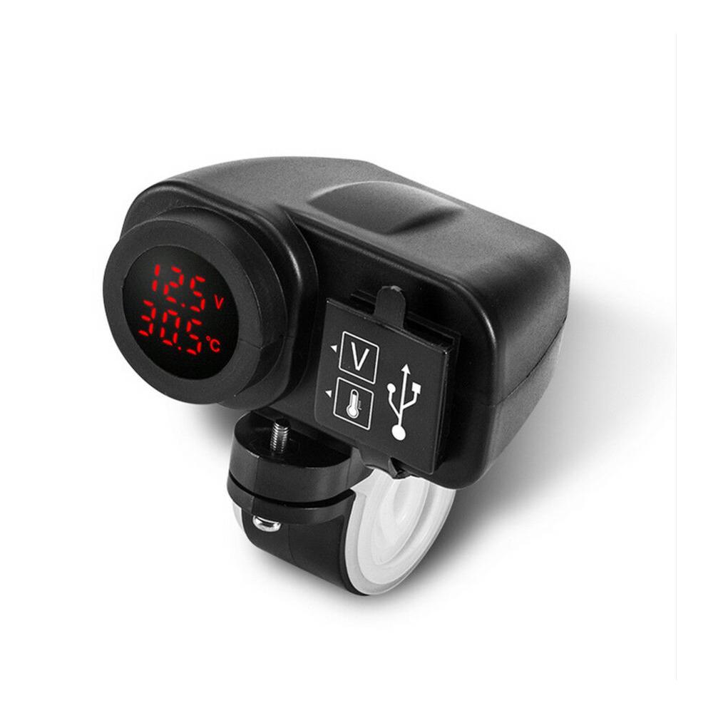 Rode Led 12V Motorfiets Auto Usb Lader 2.1A + 2.1A W/Digitale Voltmeter + Thermometer