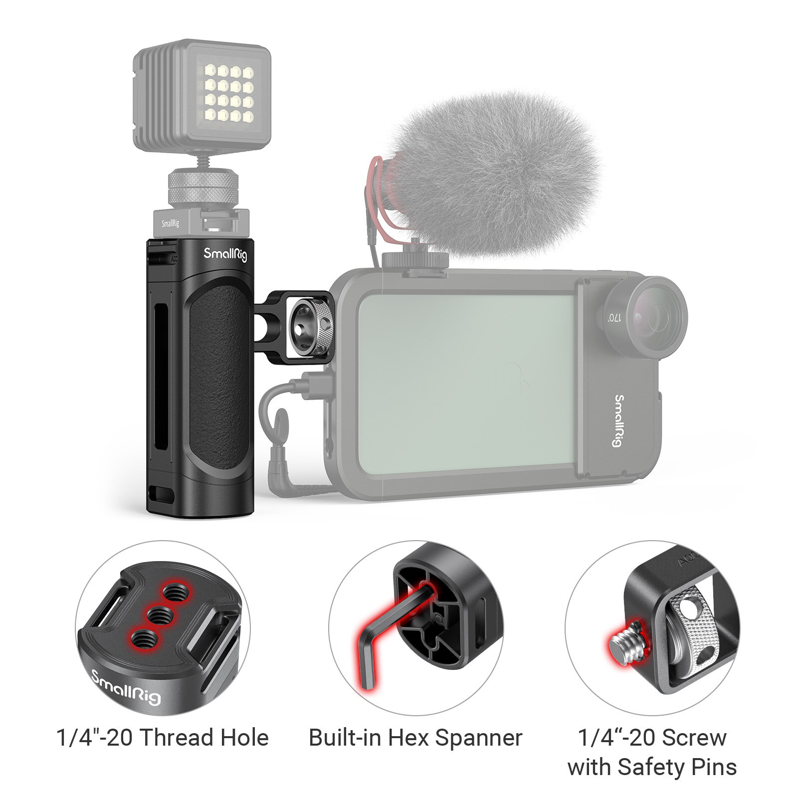 SmallRig Leggero Maniglia Laterale per Smartphone Gabbia Dotato di 1/4 "Fori Filettati & costruito-in chiave Accessori FAI DA TE rig - 2772