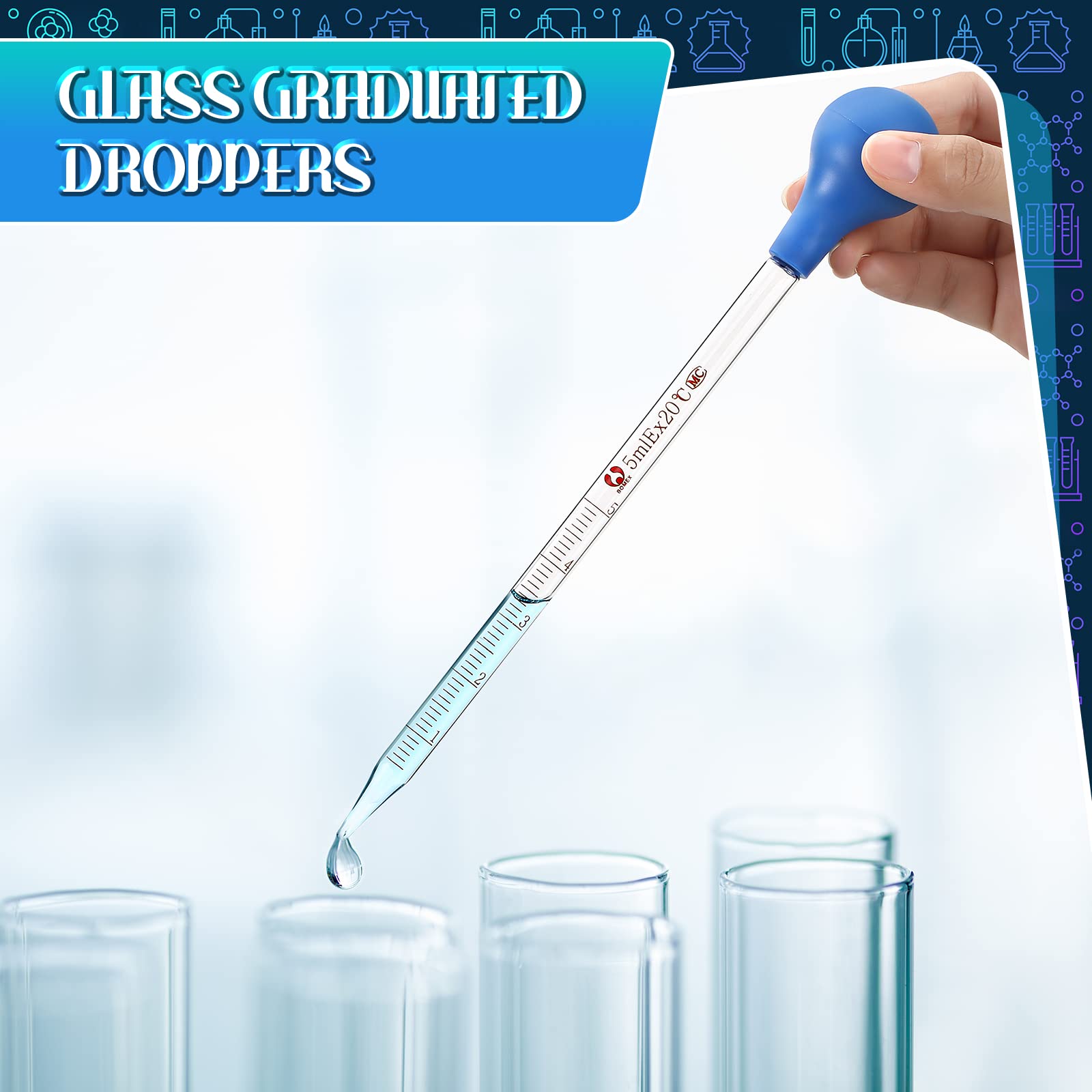 Glazen Droppers Lab Pipetten Druppelaar Glas Vloeibare Pipet Met Grote Rubberen Hoeden 20 Cm (16 Stuks, 5 Ml, 10 Ml)