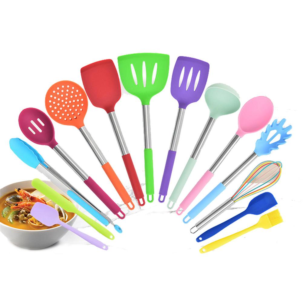 15PCS/Set Silicone Kitchen Utensils Set With Stainless Steel Handles Color Heat Resistant Non-stick Cooking Spoon Shovel Set