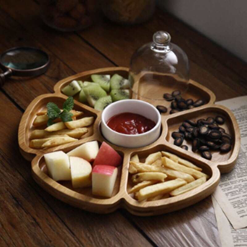 Petal Shaped Six Compartments, Nut Box, Dried Fruit Plate, Compartment Snack Plate, Fruit Plate with Ceramic Bowl Cover: Default Title
