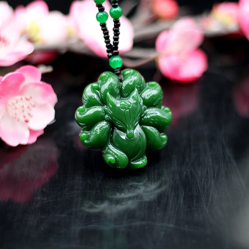 Natural Green Jade Nine Tailed Fox Pendant Necklace Jadeite Chinese Hand-Carved Charm Jewelry Amulet for Women Men