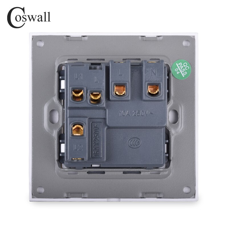 COSWALL 2 Hole Universal Wall Socket With 1 Gang 2 Way Pass Through On / Off Stair Light Switch Switched Crystal Glass Panel