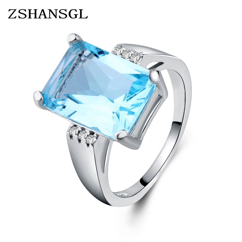 Grote Oceaan Blauw Cz Cubic Zircon Stone Ringen Voor Vrouwen Engagement Sterling Plata Sieraden Valentijnsdag