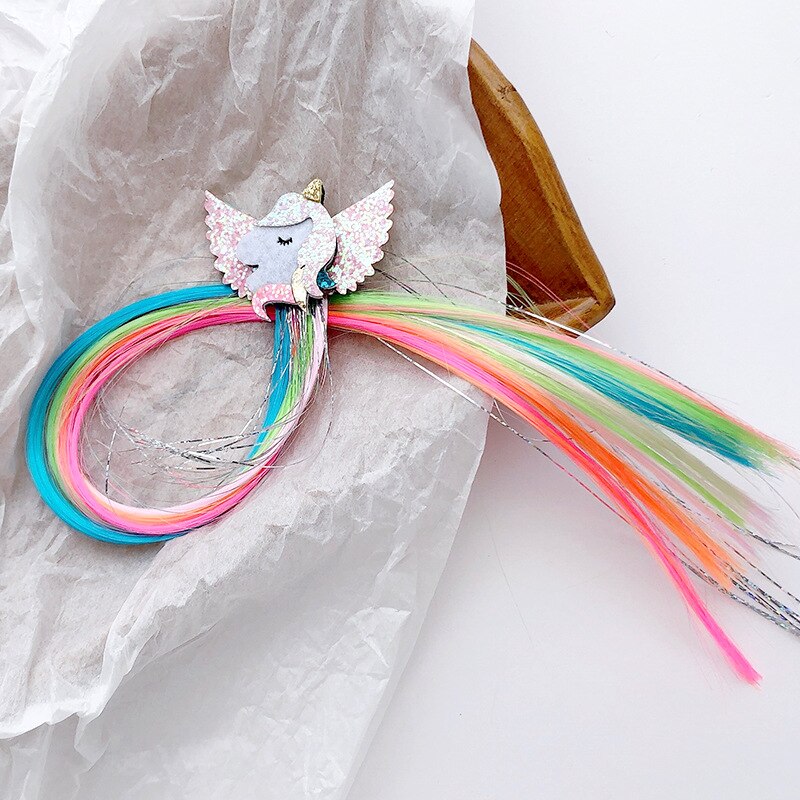 40cm Haar Zubehör funkeln Haar Clips Für Mädchen Regenbogen FlüGel Einhorn Haar BöGen Lange Perücke Haarnadeln freundlicher Prinzessin Haar haarspange