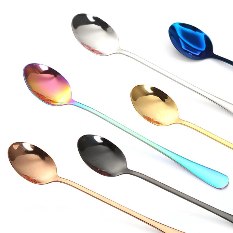! Colorful Long Handle Spoon Stainless Steel Coffee Tea Spoons Tip Head Tableware Beauty Mugs Spoons Soup Spoon Kitchen Tools