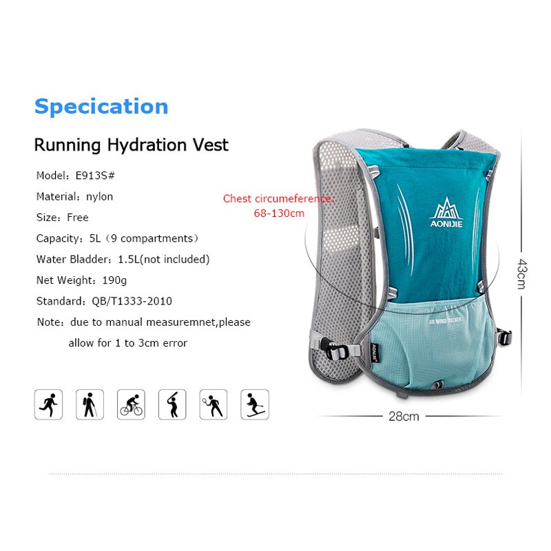 AONIJIE-mochila de hidratación de 5L, chaleco, arnés con vejiga de agua de 1.5L, Frasco blando de 500ml, senderismo, Camping, correr y Maratón