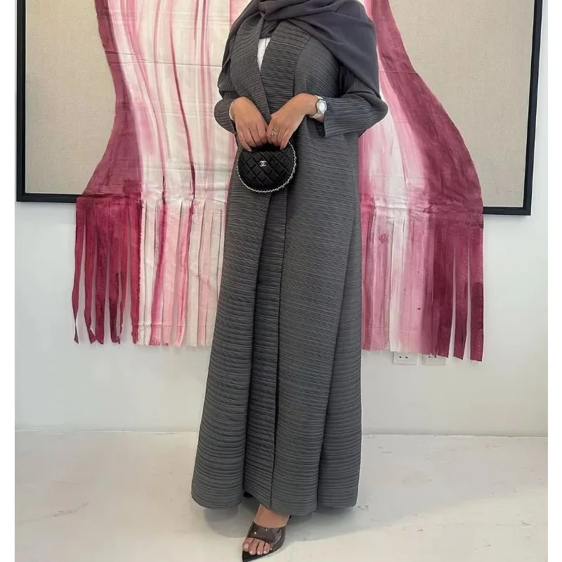 Gghk plisseret kvinders luksuriøse trenchcoat ensfarvet revers langærmet cardigan vintage løs stor størrelse arabisk abaya til kvinder: Brun