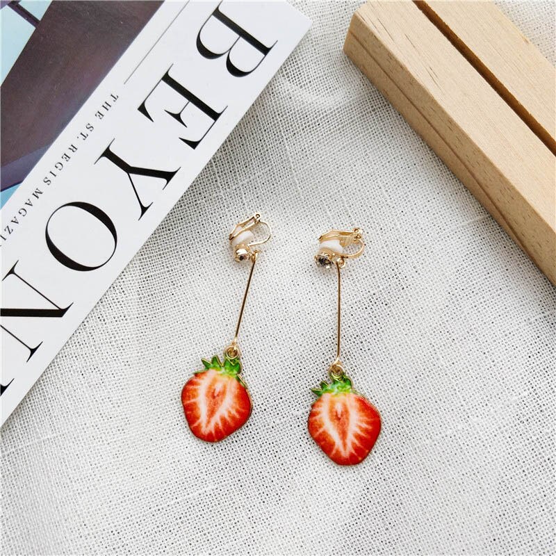 Vandmelon jordbær frugt lang vedhæng klip øreringe til kvinder pige ingen øre hul fest smykker ingen piercing: Jordbær