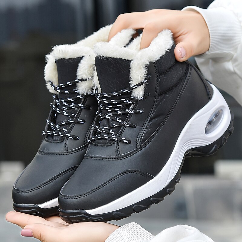 Leather Women Swing Shoes Lace Up Fur Warm Loss Weight Toning Shoes Wedge High Top Height Increasing Slimming Sneakers: Black / 36
