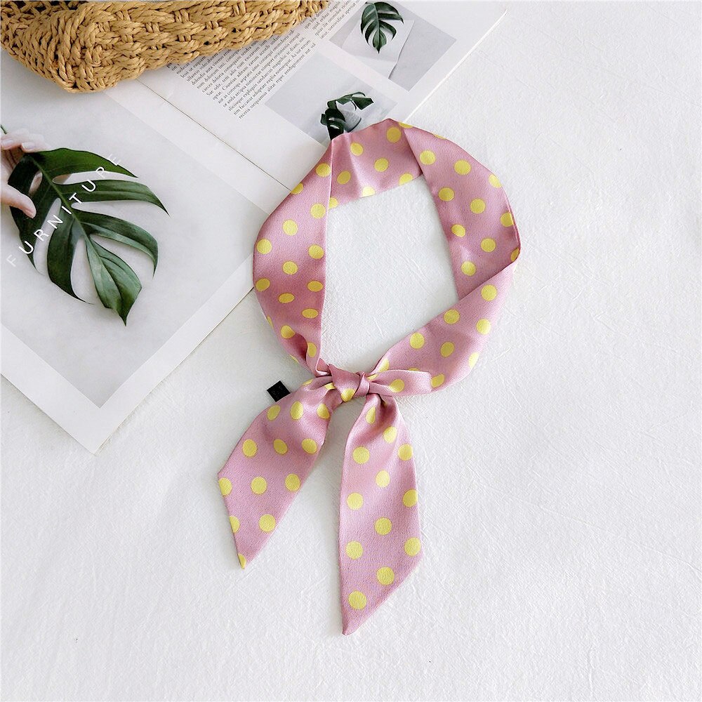 Spring Summer Women's Polka Dot Printed Silk Stain Hair Ribbon Tie Scarf Female Black White Green Yellow Bag Scarves: Pink