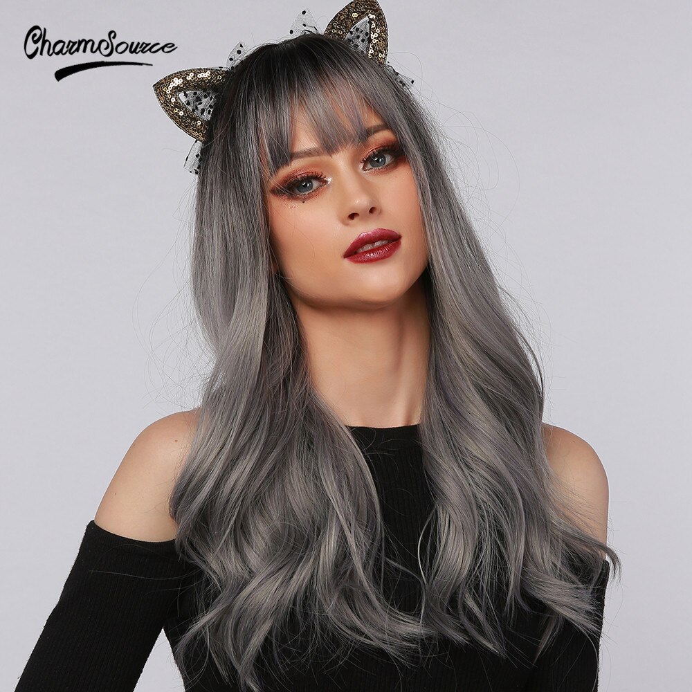 CharmSource-pelucas postizas onduladas con flequillo sintéticas para mujer, color gris, Plata largos, pelo Natural, resistente al calor