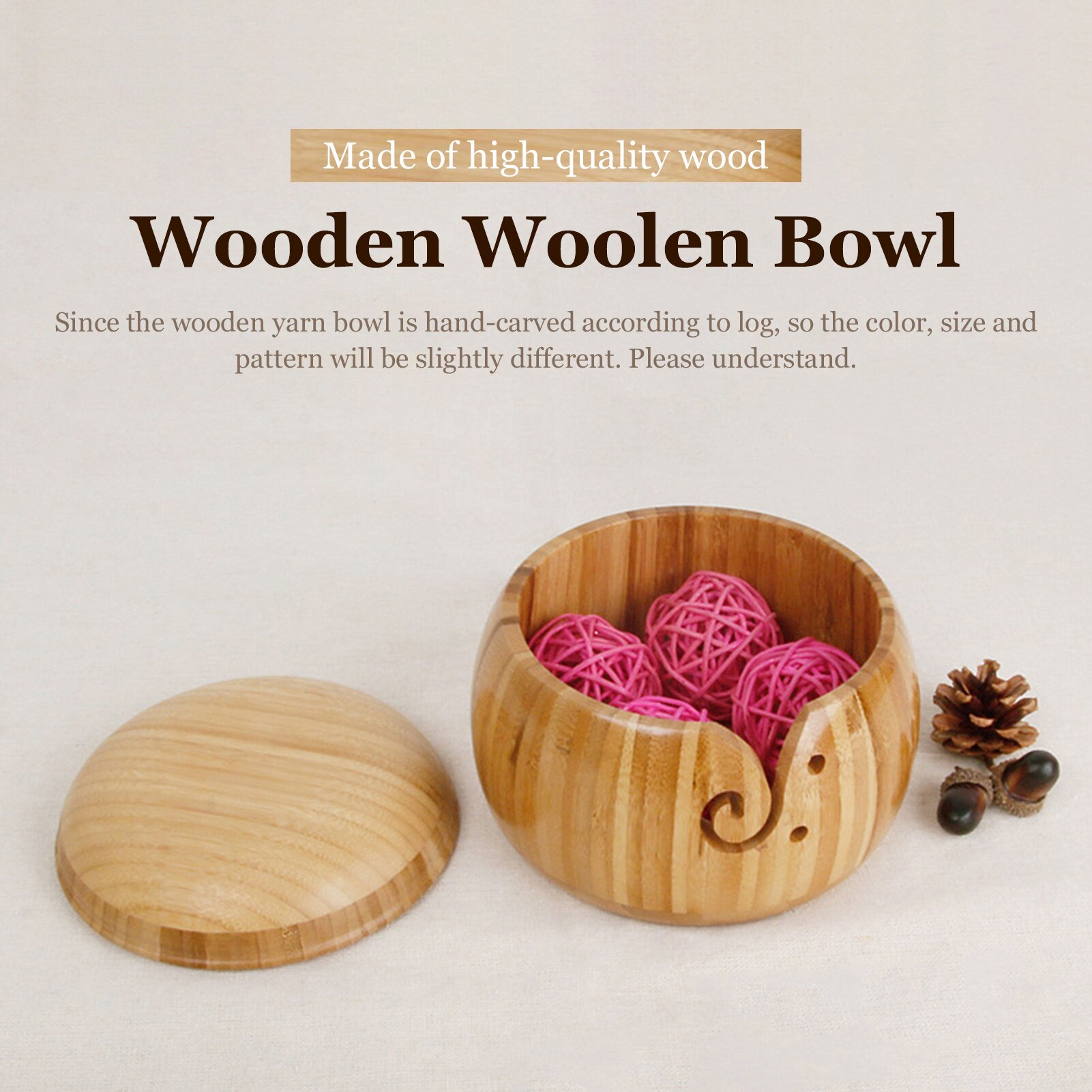Knitted Wool Storage Basket, Wooden Yarn Bowl with Hole Anti-slip Yarn Holder for Knitting