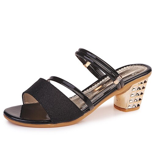 Vrouwen Sandalen Vrouw Kristal Hoge Hakken Schoenen Vrouwen Slip Op Vrouwelijke Open Teen Dames Elegante Zomer Casual mode: black / 6.5