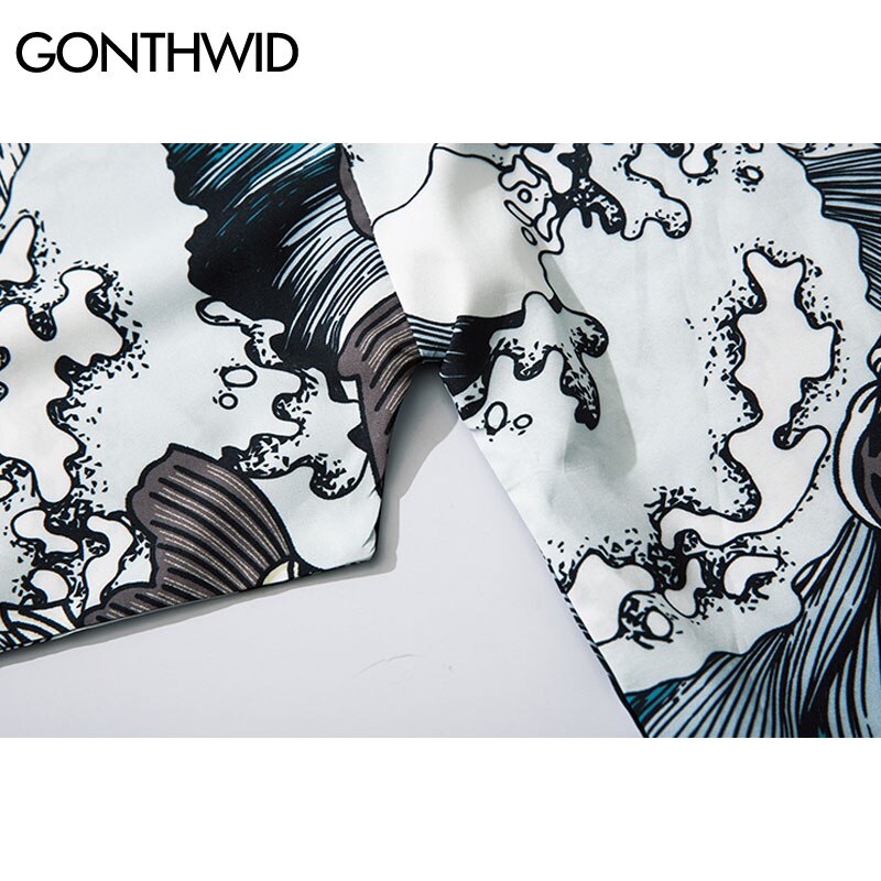 GONTHWID styl japońnarty karp Koi ryby Seawaves drukuj kardigan kimono koszule męskie zwykły otwarte przednie kurtki płaszcze topy znosić