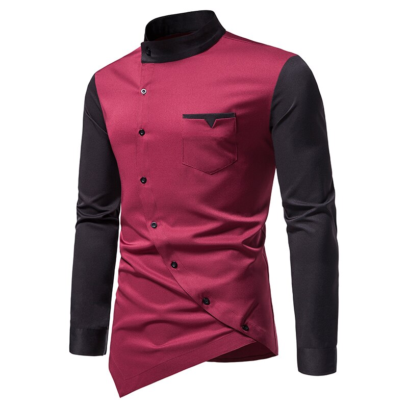 Men Shirt Long Sleeve Personality Diagonal Button Shirts for Men Luxury Irregular Henry Collar Top Grade Tops
