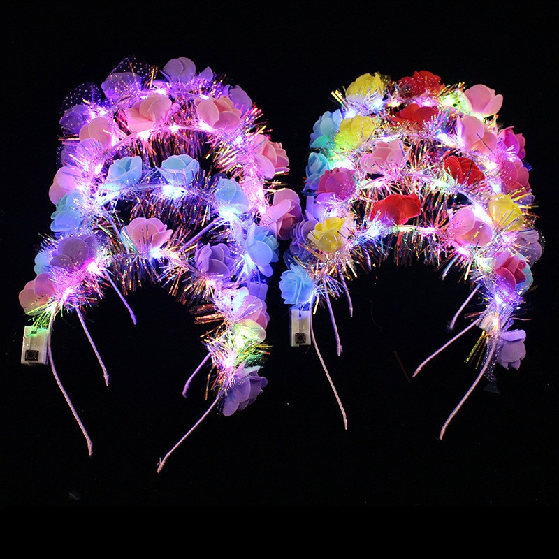 Diadema de flores con luz LED para niña y mujer, guirnaldas de pelo brillantes, suministros para de cumpleaños y Rave