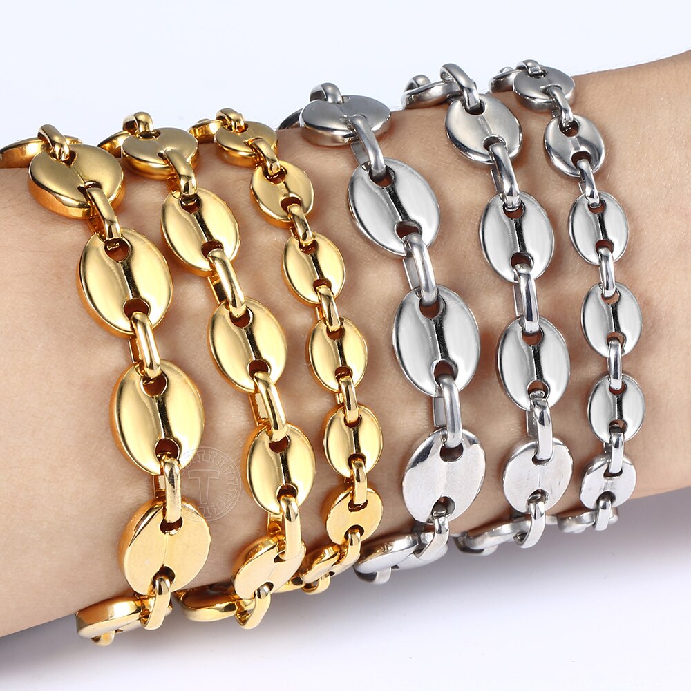 7/9/11mm Stainless Steel Coffee Beans Marina Link Chain Bracelet for Men Women Gold Silver Color Jewelry US Stock HKBM169