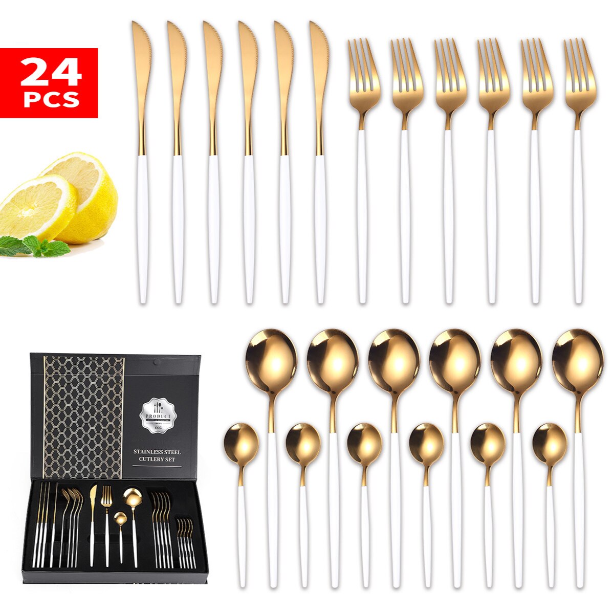 Platinum Tableware Set 304 Stainless Steel Cutlery Set 24pcs Fork Spoon Knife Steak Dinner Set Dinnerware Set Box
