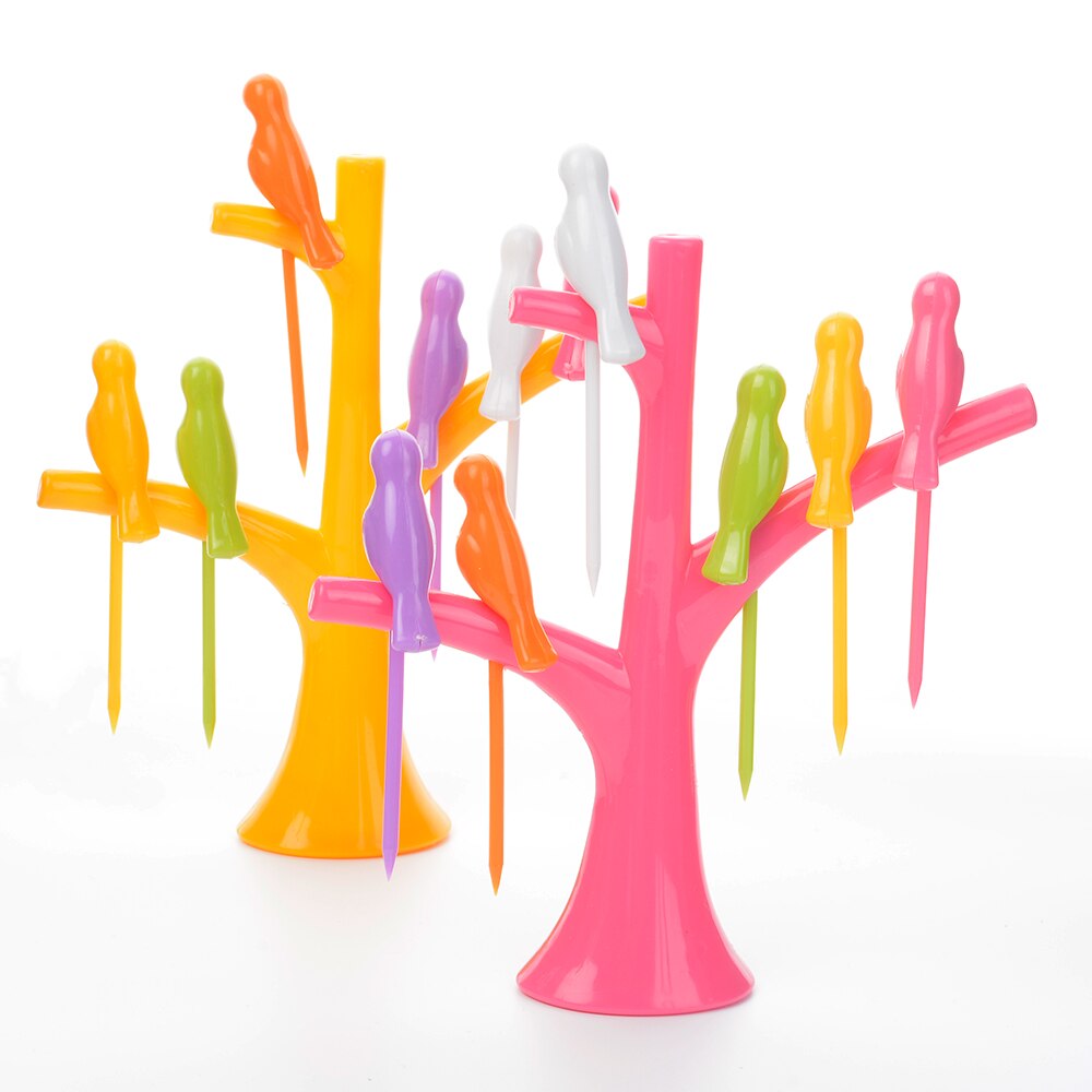 Fourchettes à fruits en plastique | Service de vaisselle, motif d'arbre + d'oiseaux créatifs, 1 support + 6 fourchettes, fourchette à légumes, outils pour fruits et légumes