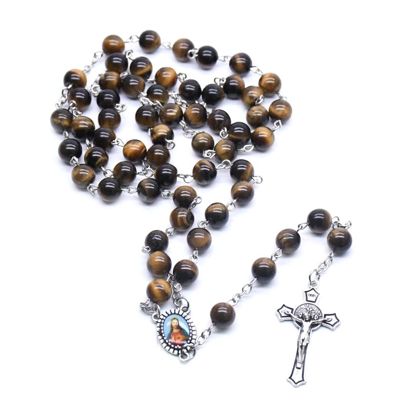 Rozenkrans Gebed Kraal Tiger Eye Steen Ketting Cross Christian Lucky Amulet Sieraden N1HA