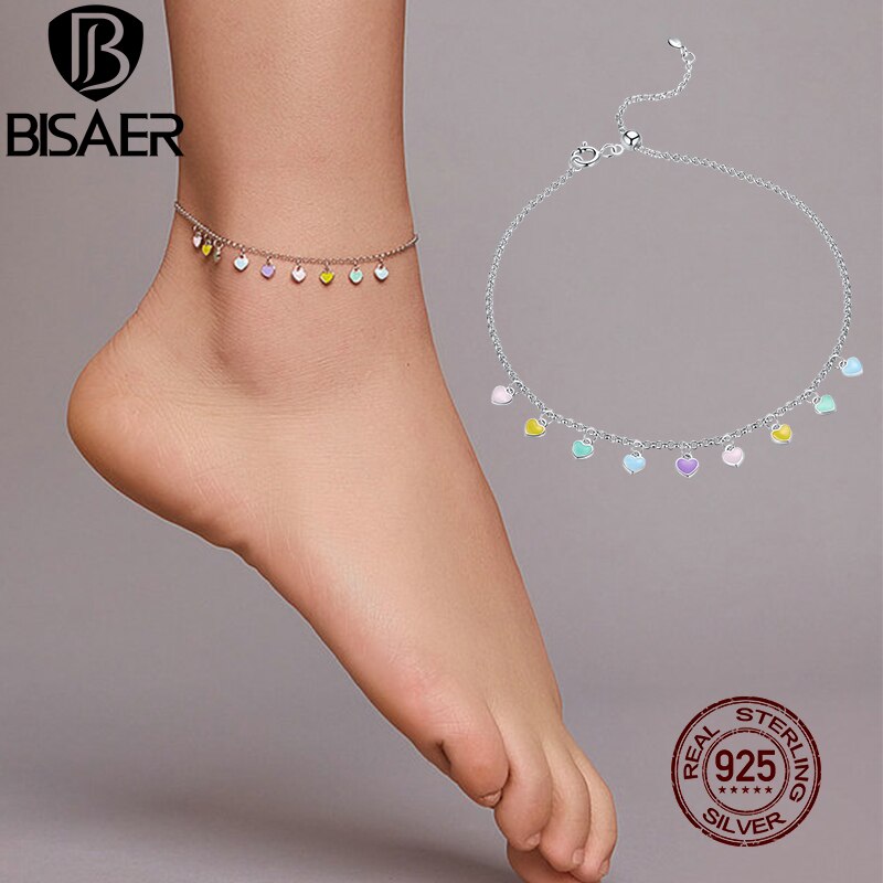 BISAER Neue Fußkettchen Regenbogen Herz 925 Sterling Silber Bunte Kette Fußkettchen Für Frauen Füße Bein Kette Link Schmuck