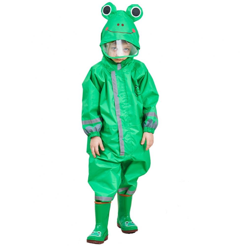 Chubasquero impermeable de una pieza para niños, abrigo de lluvia con dibujos de animales, tira reflectante, Poncho con capucha, Bata: Green / S