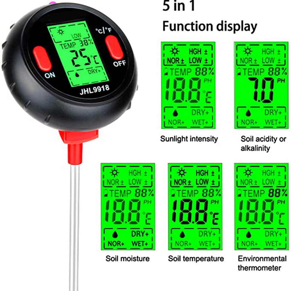 5 in 1 Soil Test Meter Digital Soil Moisture PH Temperature Light Tester LCD for Garden Lawn L5