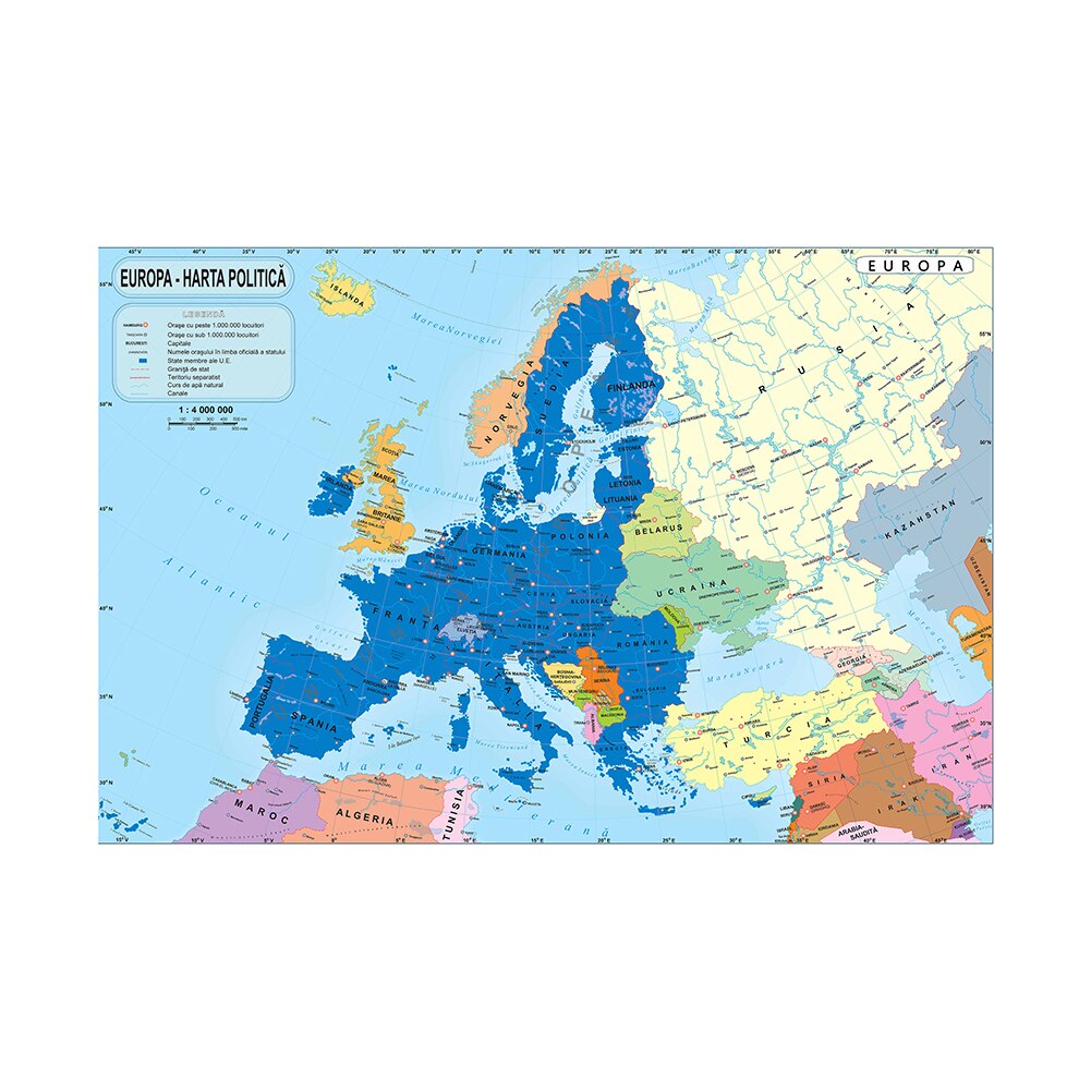 A1 Size Europe Map Canvas Painting 84x59cm Romanian Map of Europe Wallpaper Wall Poster for House Living Room Decoration