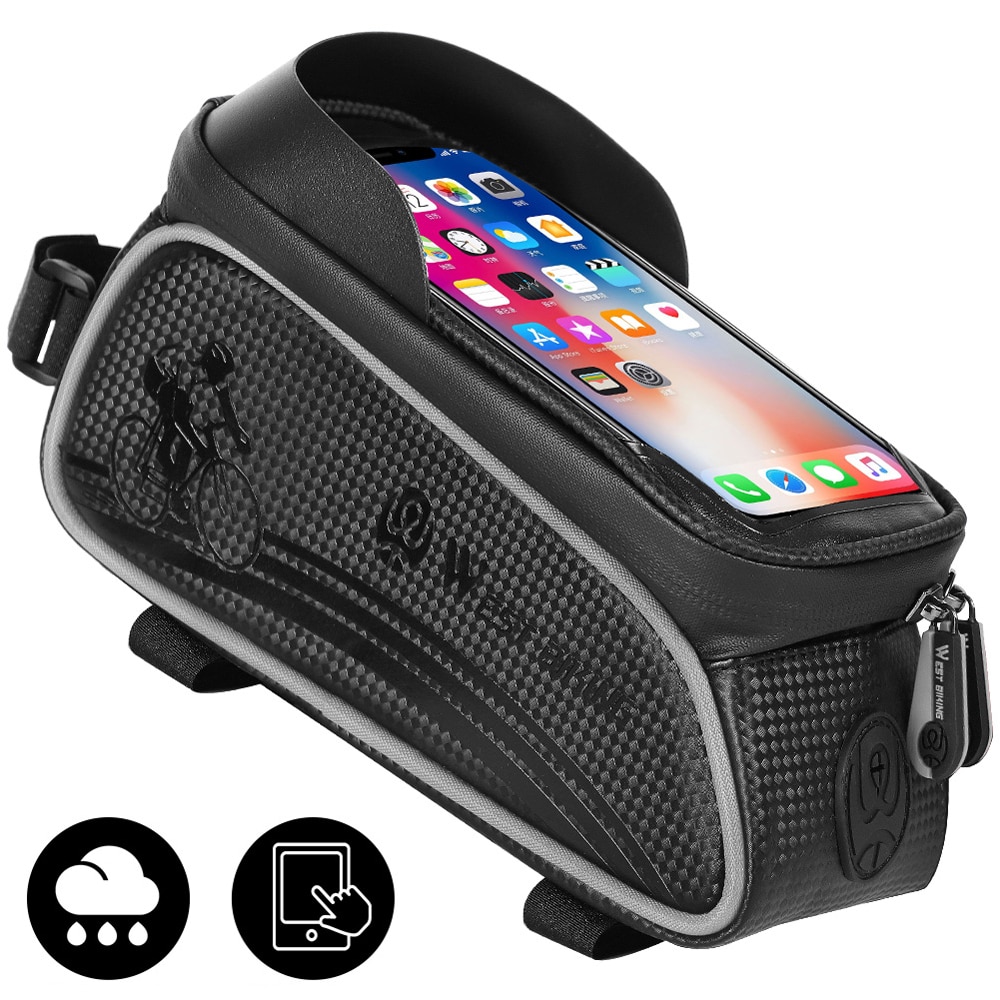 West bike mtb racefiets waterdichte bovenbuis tas touchscreen fiets voorframe fietstas tas voor fietsaccessoires: Zwart