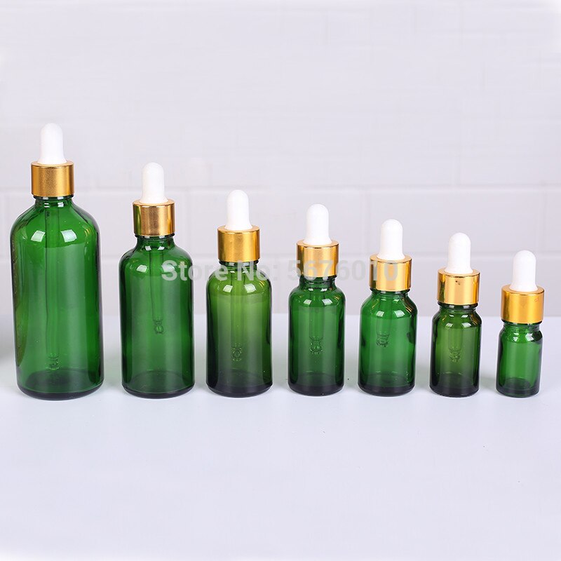 10Pcs/Lot Green Round Glass Refined Lab Oil Bottle with Glass Droppers Golden/Silver Circle for School Experiment